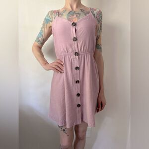 Lush women’s pink mauve v-neck tank dress w/ button front , bow accent medium